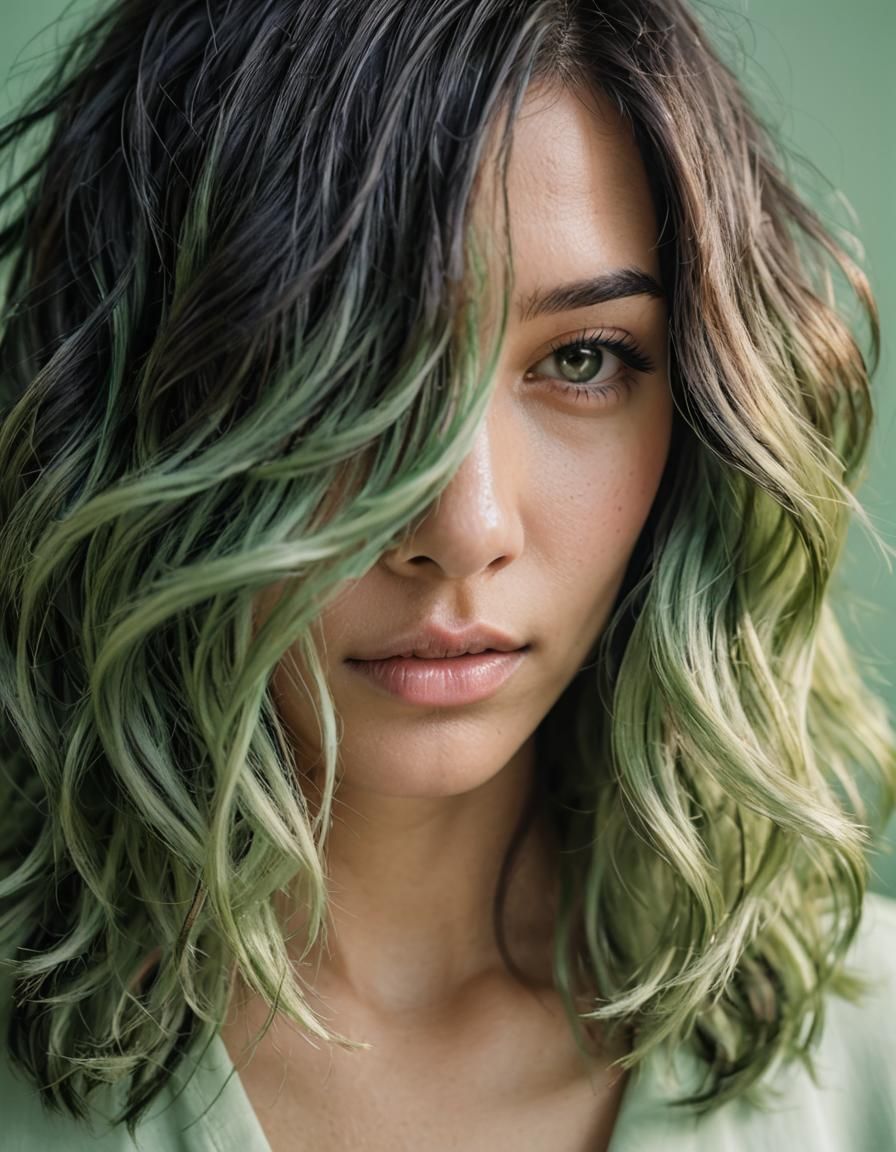 Woman's Portrait with Green Highlights in Watercolor Style