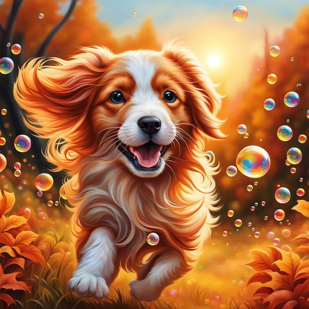 Happy Puppy Chasing Bubbles in Pastel Painting