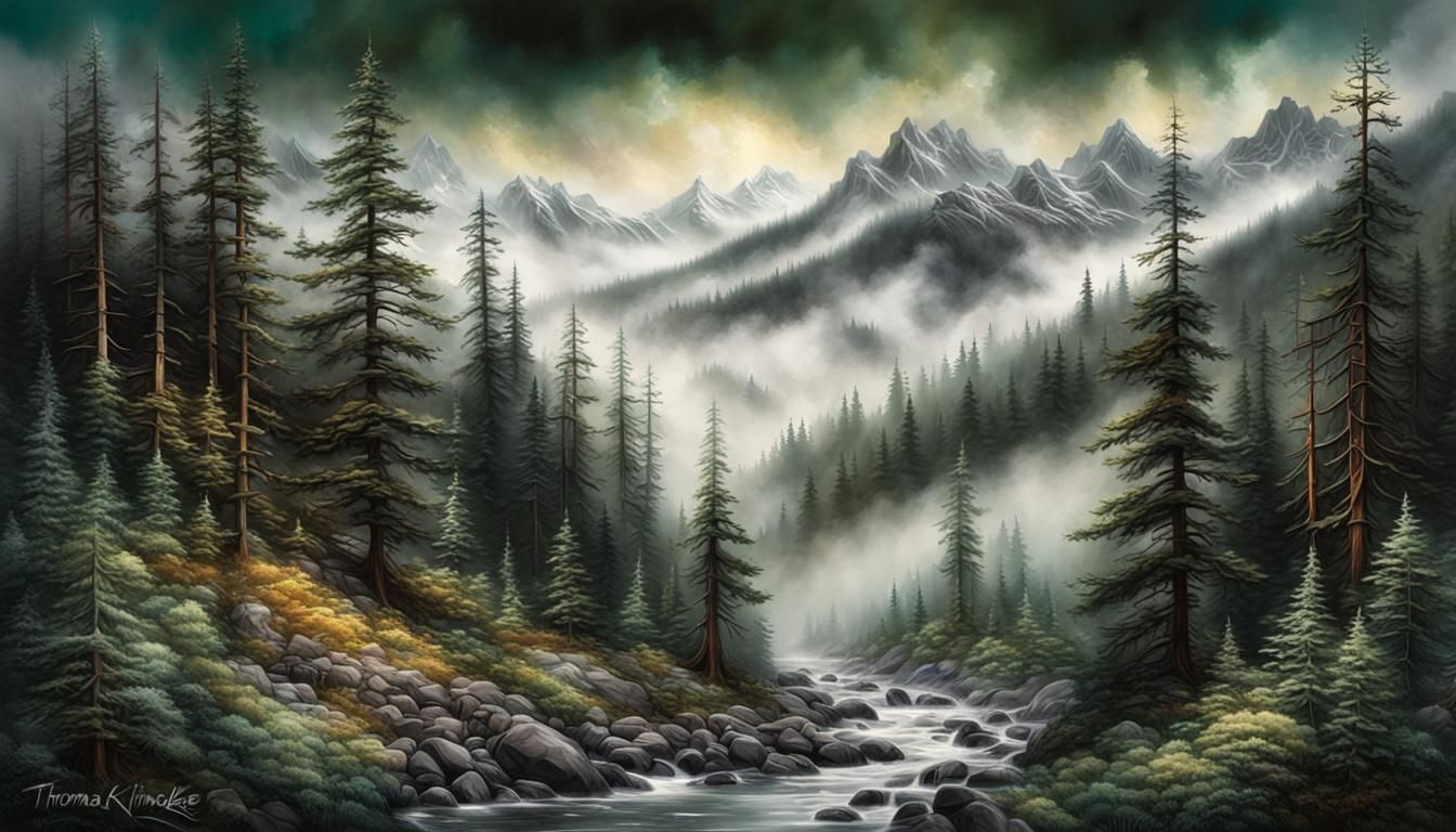 Misty Forest Stream: Macabre Hyperrealism in Digital Ink
