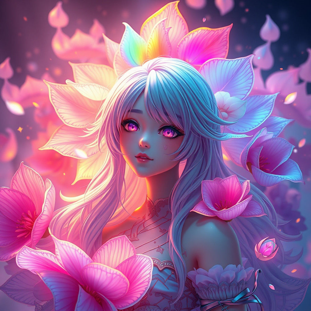 Mystical Anime Girl in Rainbow Flower Garden
