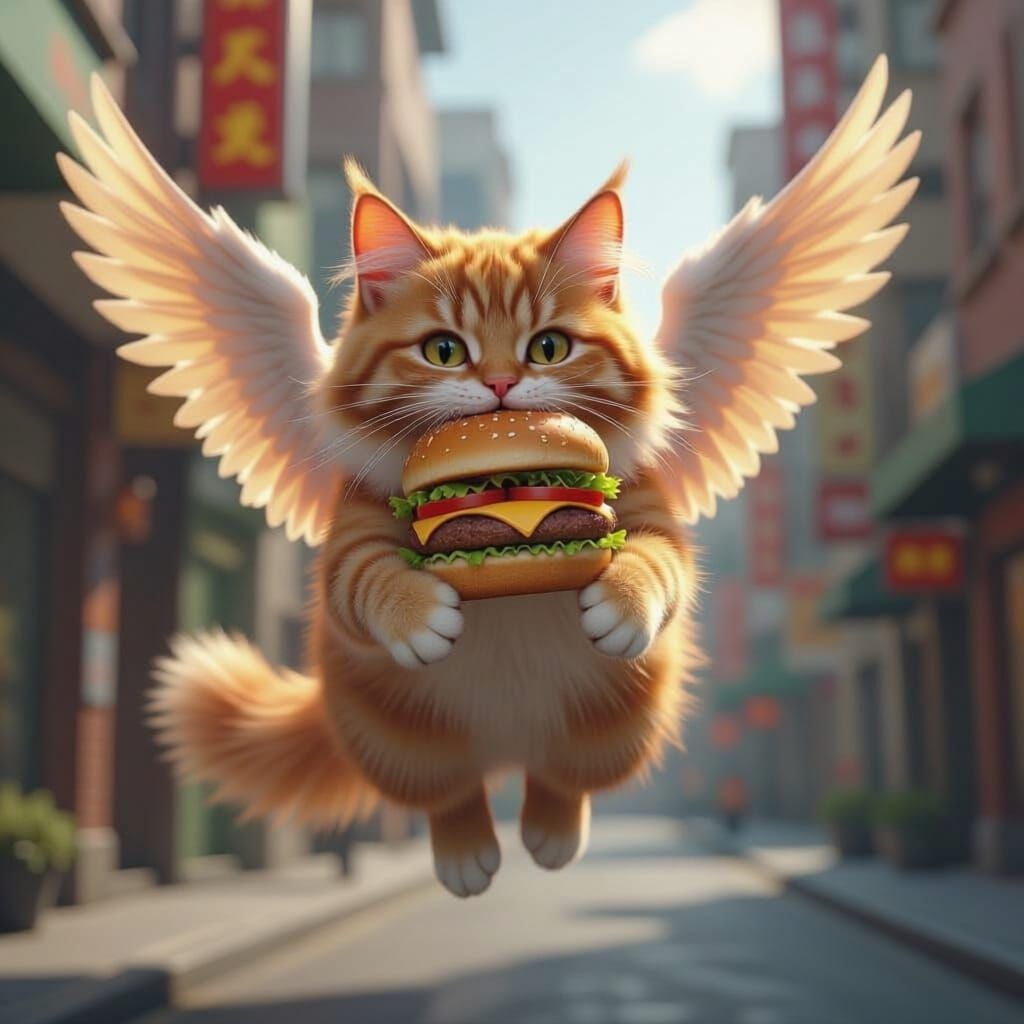 Fat Flying Cat Enjoys Fast Food in Hyperrealistic Splash Art