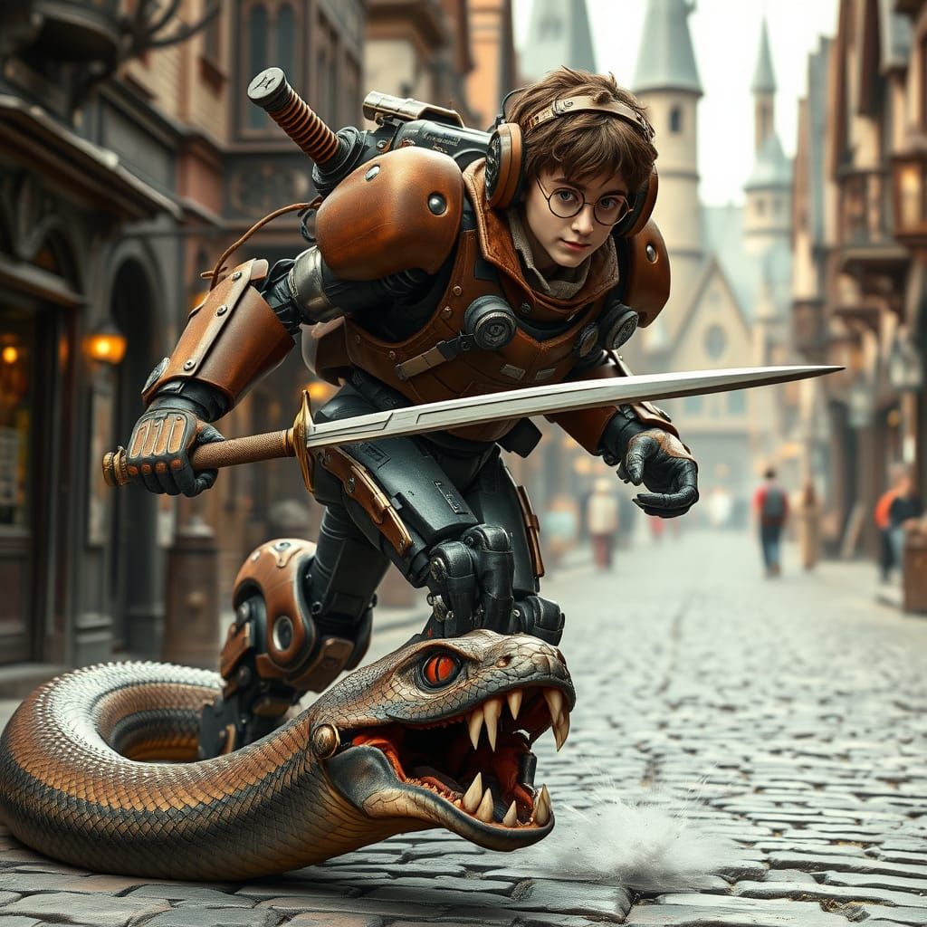 Mecha Wizard Battles Cyber Serpent in Futuristic Hogwarts