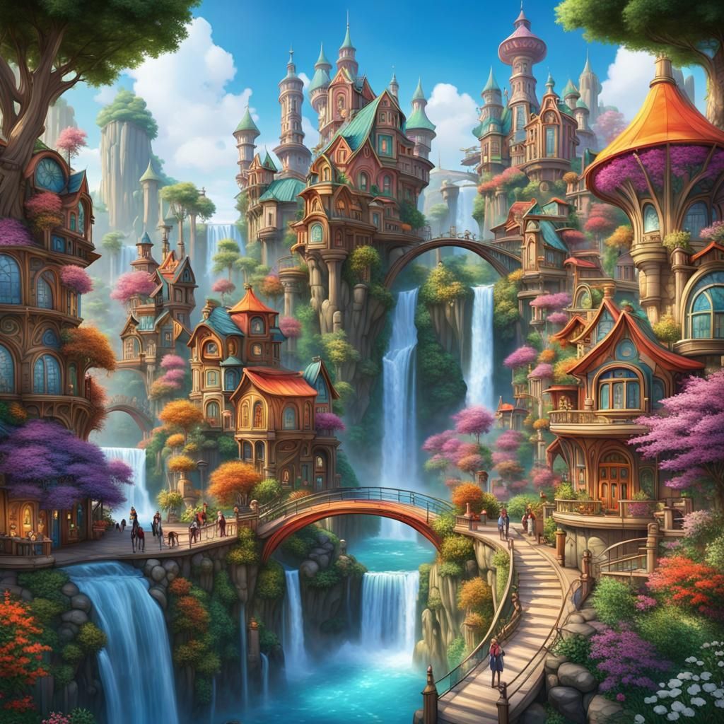 A vibrant and enchanting utopian town nestled in a fantastic...