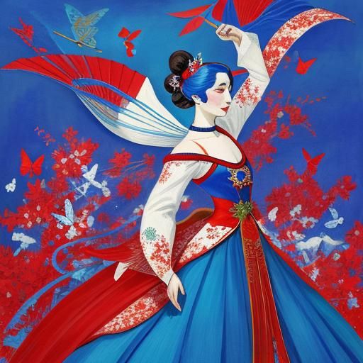 An image of modern dansing Madame Butterfly op a party in the 21 century. Vibrant colors; blue...