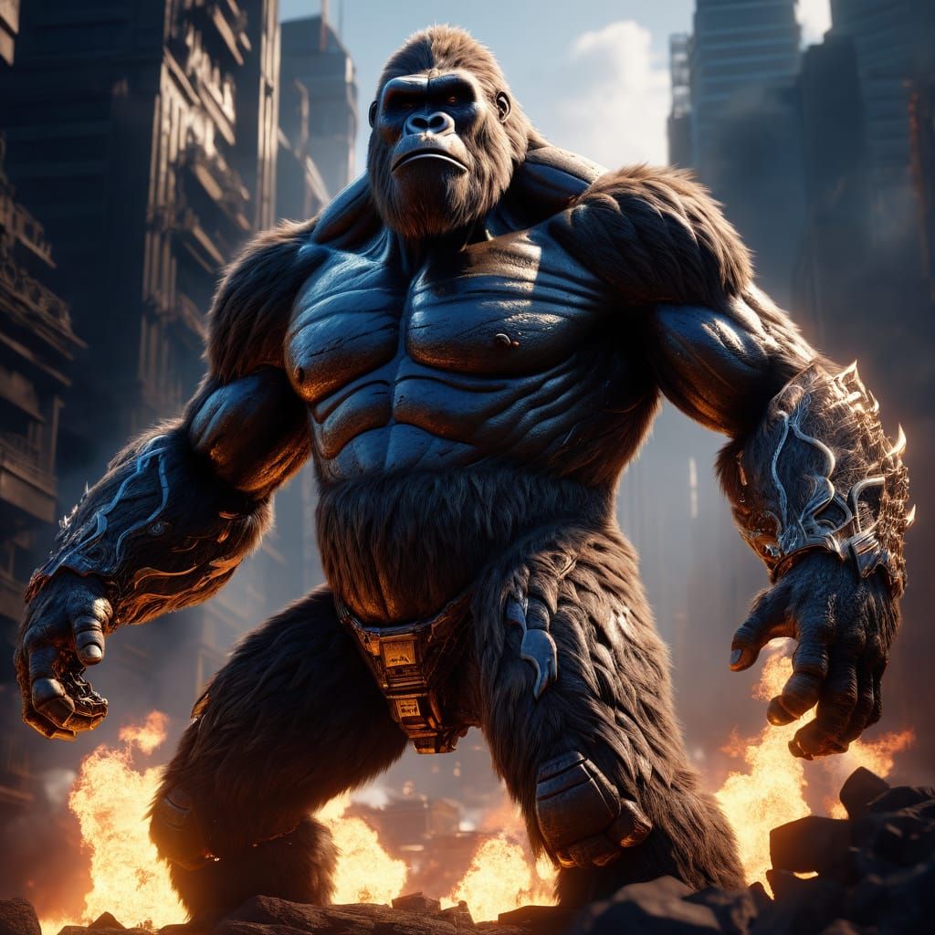 Futuristic King Kong Sculpture Made of Polished Metal