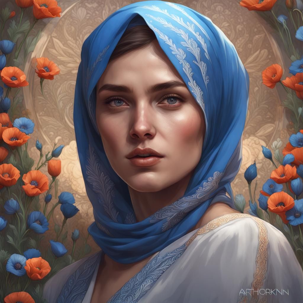Woman in Headscarf with Blue Poppies, Hyperdetailed Portrait