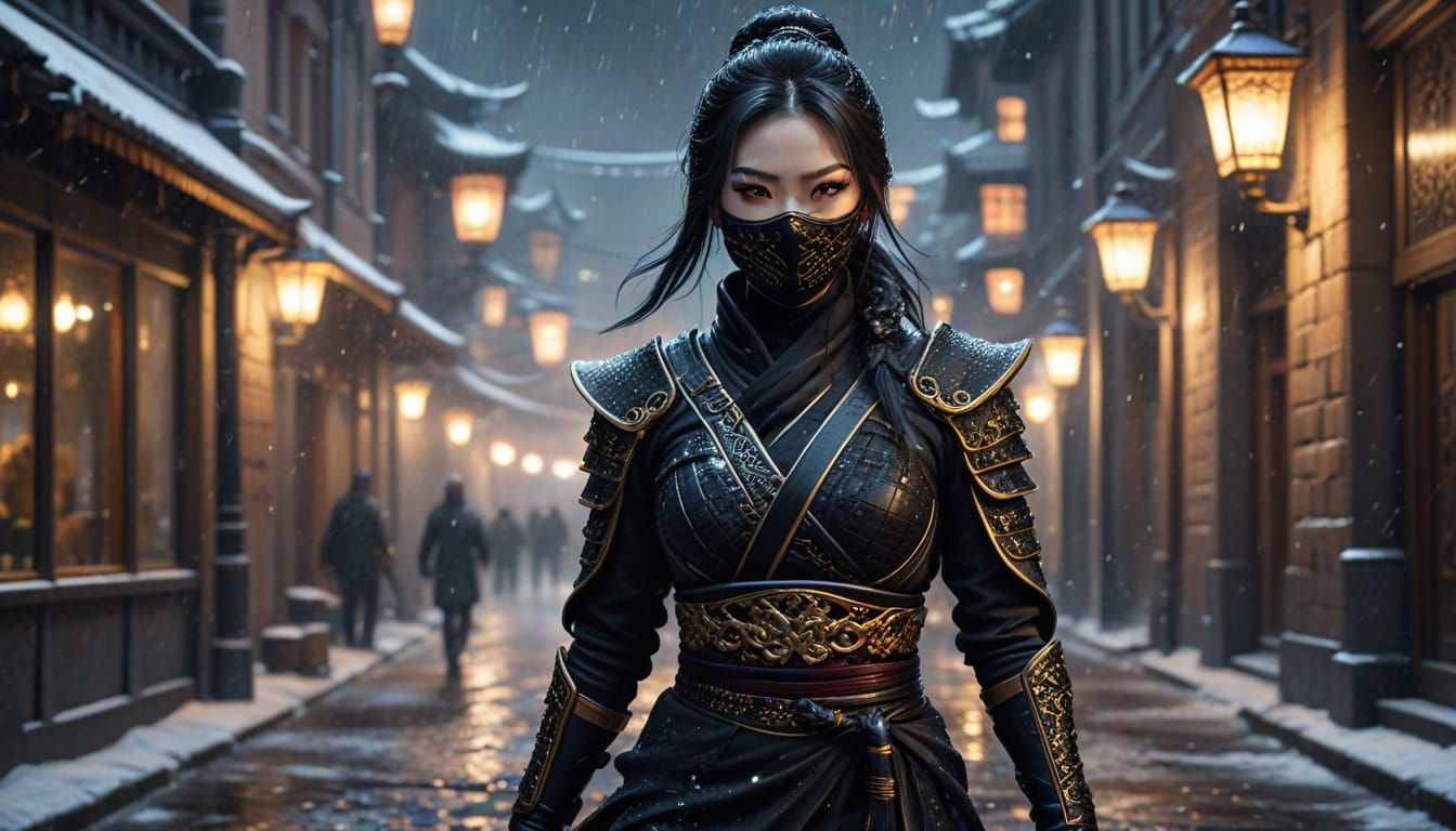 Masked Ninja in Snowy Moscow Night