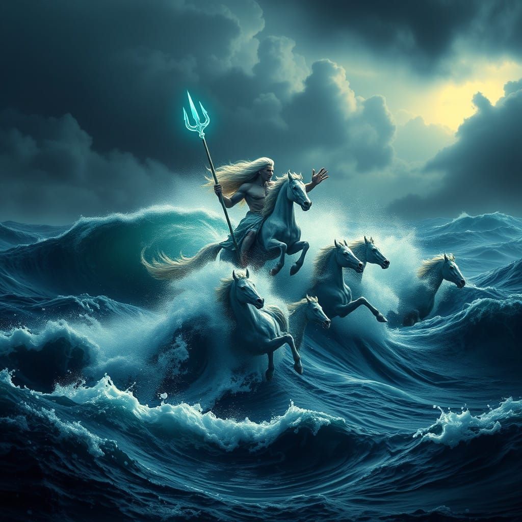 Majestic Poseidon Rises from the Turbulent Sea in Ethereal L...