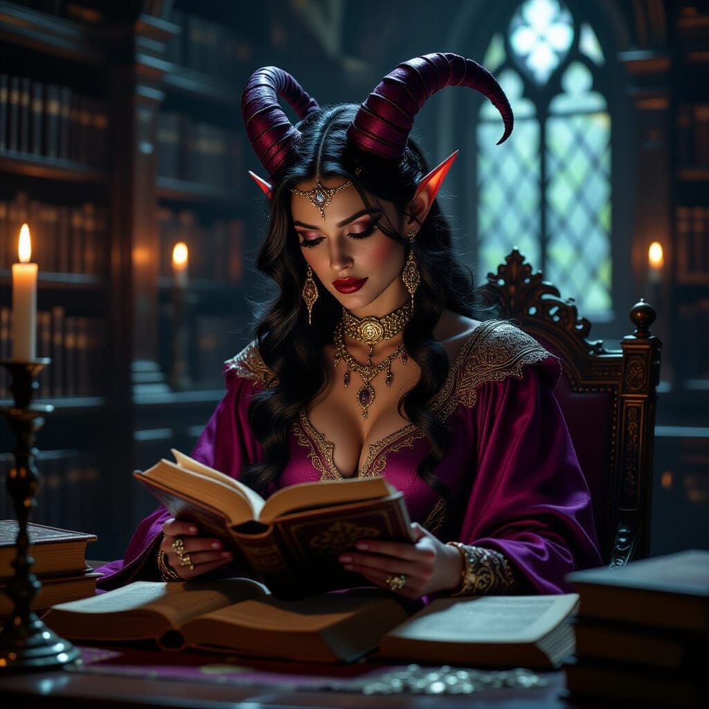 Magenta Tiefling Sorceress Researching in Library