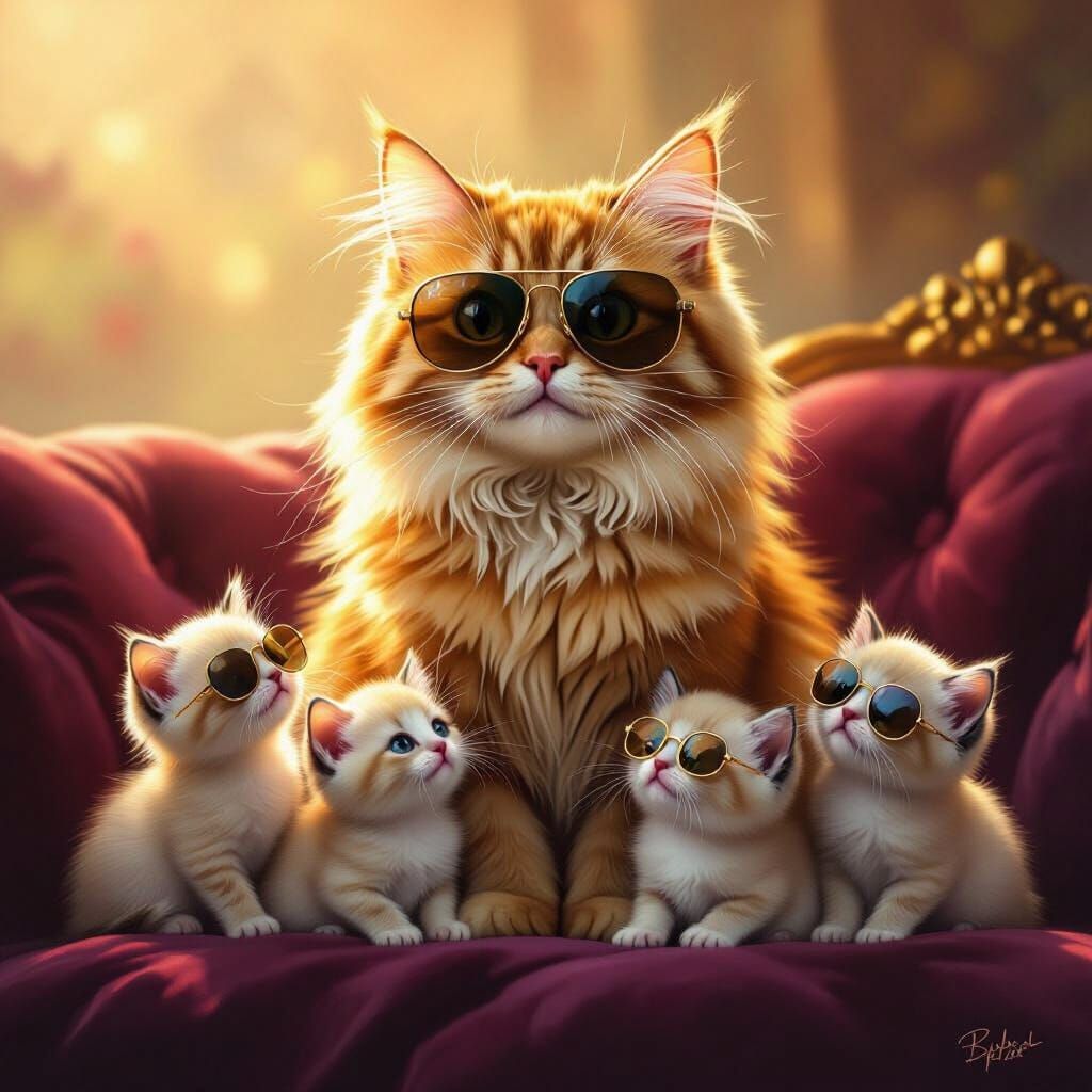 Fluffy Cat and Kittens Wear Sunglasses in Golden Light