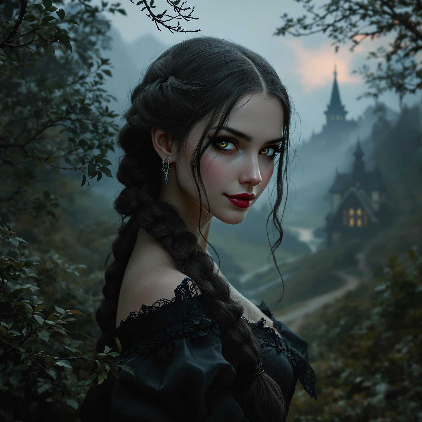 Gothic Enchantress Emerging from a Misty Forest Valley
