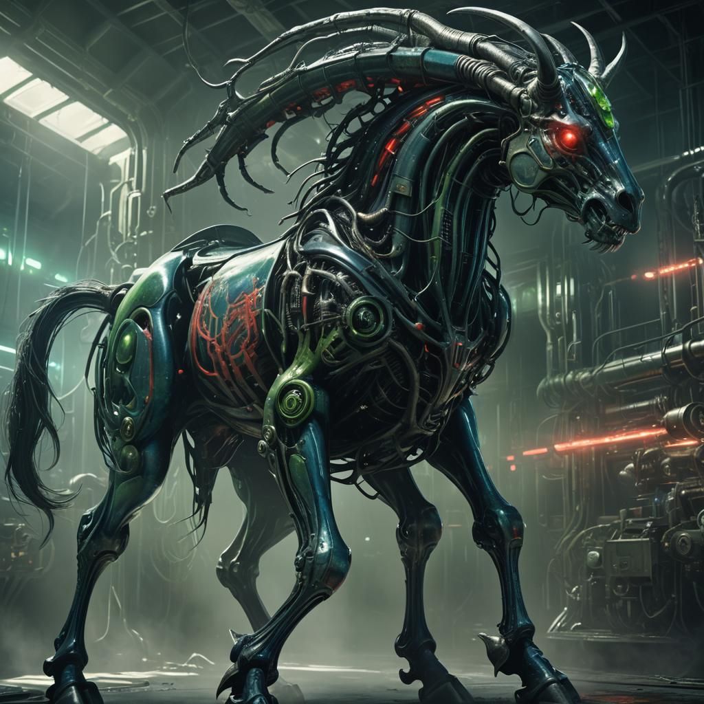 Biopunk Centaur with Mechanical Limbs in Industrial Setting