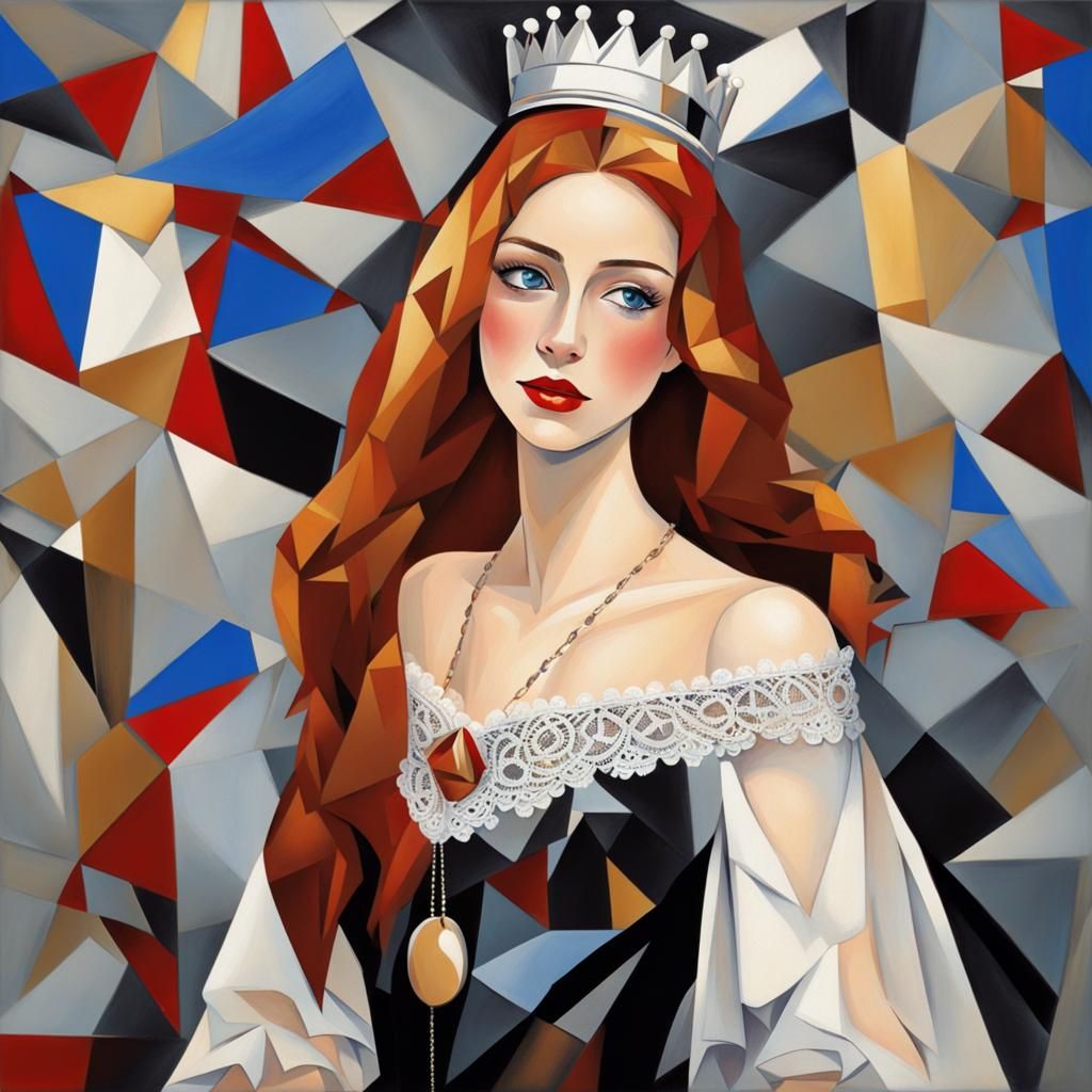 Auburn-Haired Woman with Crown in Cubist Style
