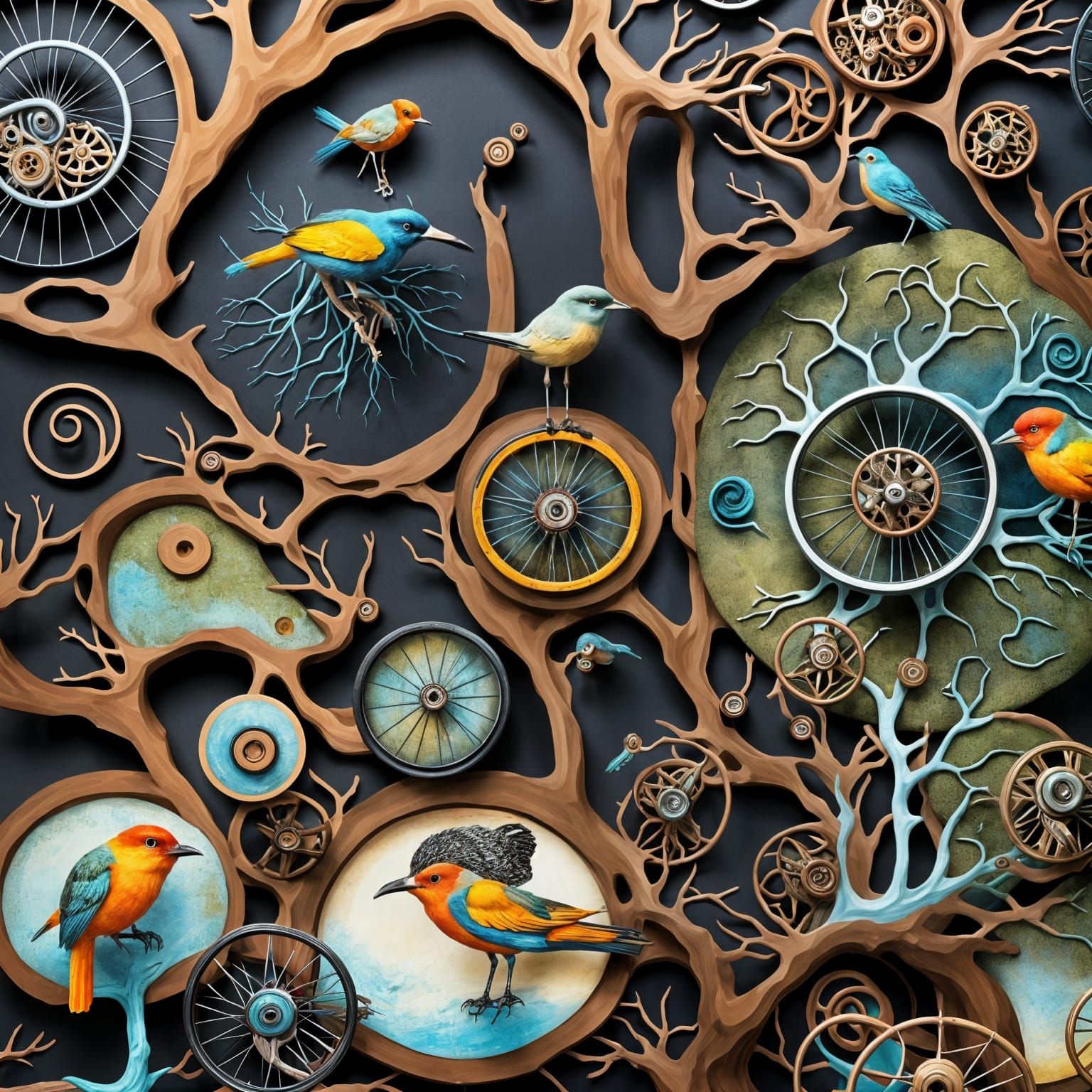Surreal Tree with Melting Wheels and Strange Birds