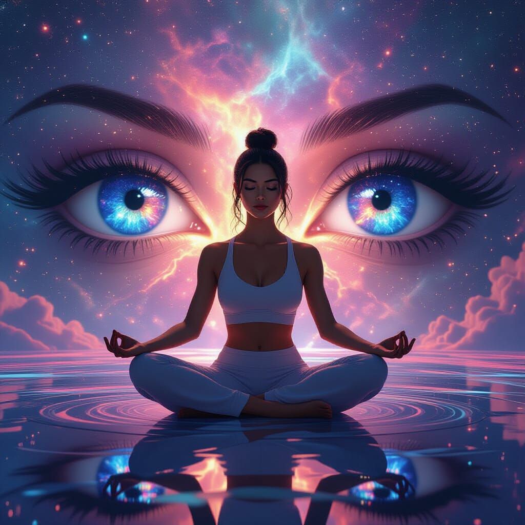 Galactic Eyes Watch Meditating Figure in Surreal Scene