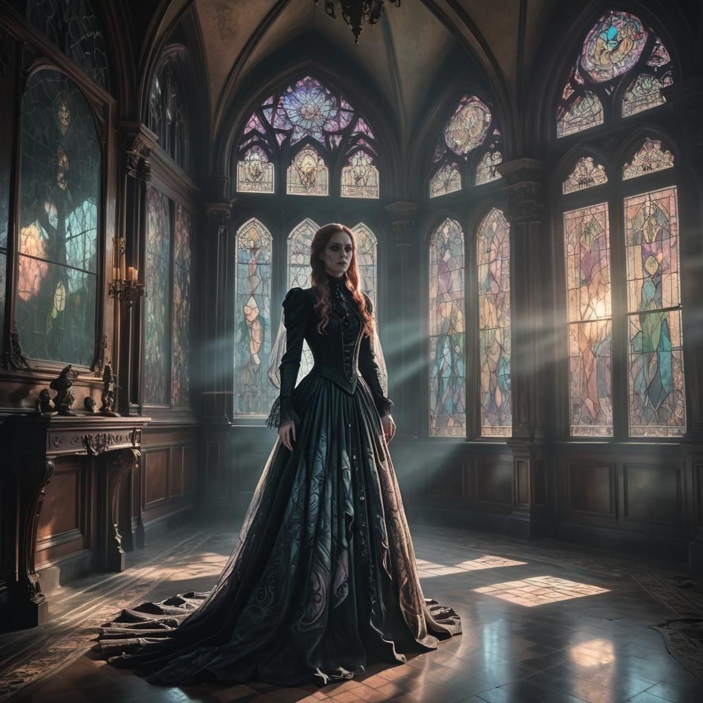 Ghost Widow in Victorian Mansion: Detailed Matte Painting