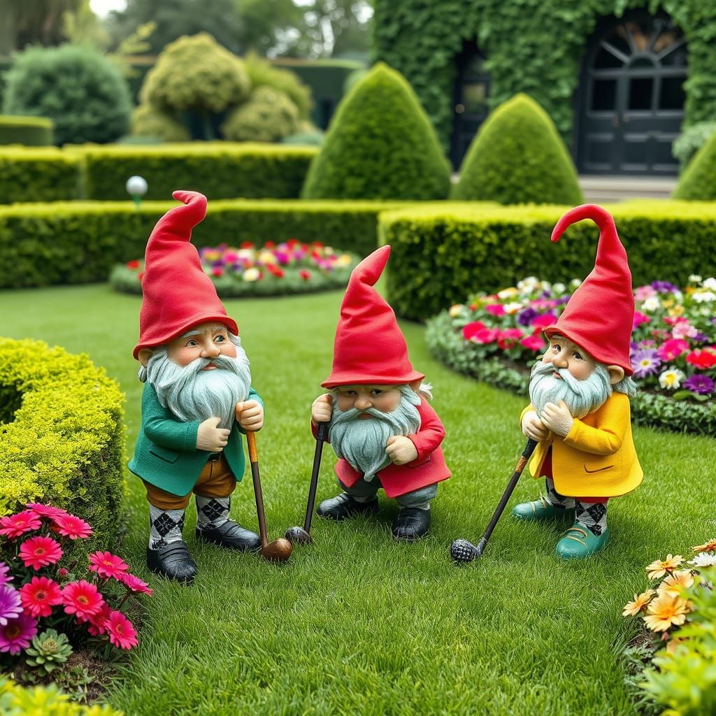 Garden Gnomes Golfing at Wimbledon in Storybook Style