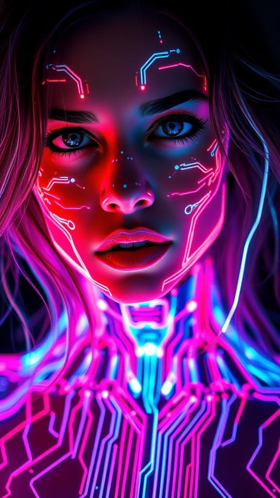 Cyberpunk Woman with Glowing Circuits in Digital Realm