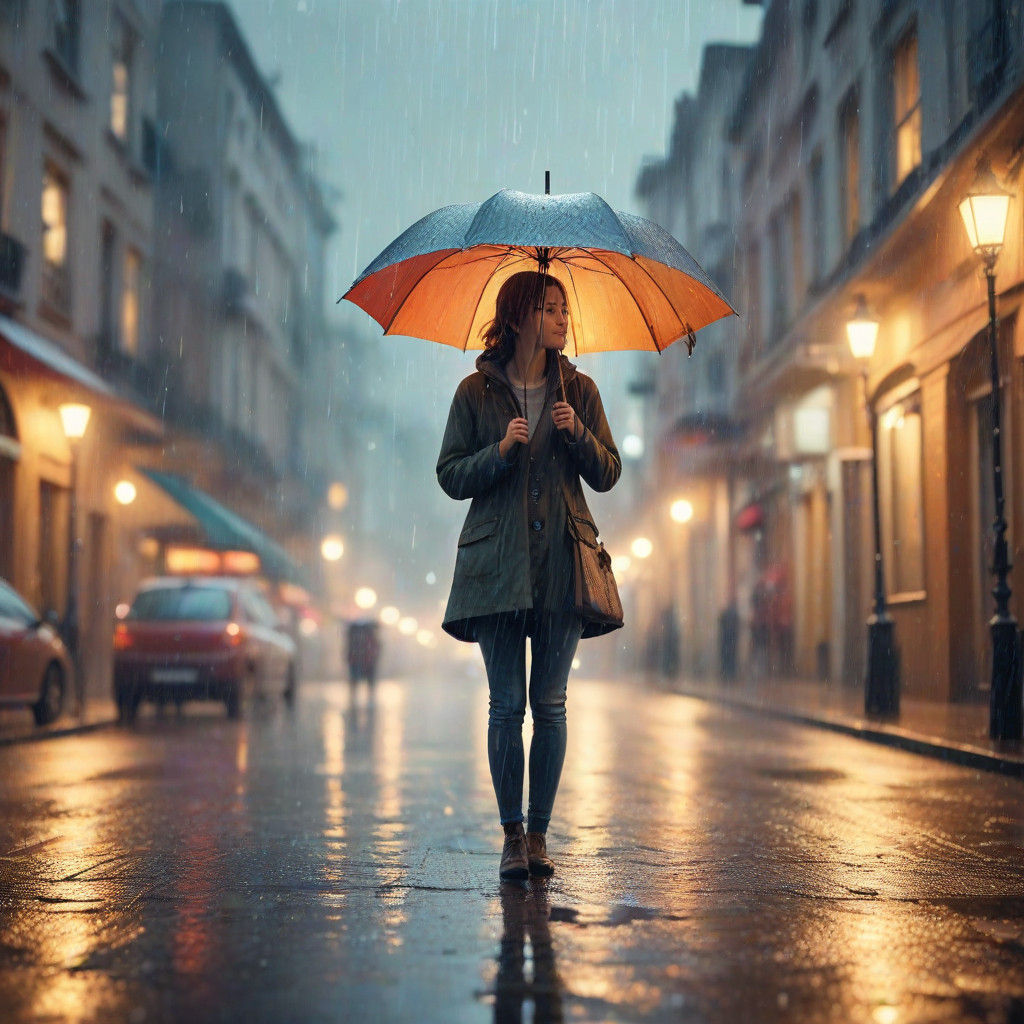 Whimsical Watercolor Scene of a Dreamy Rainy Day