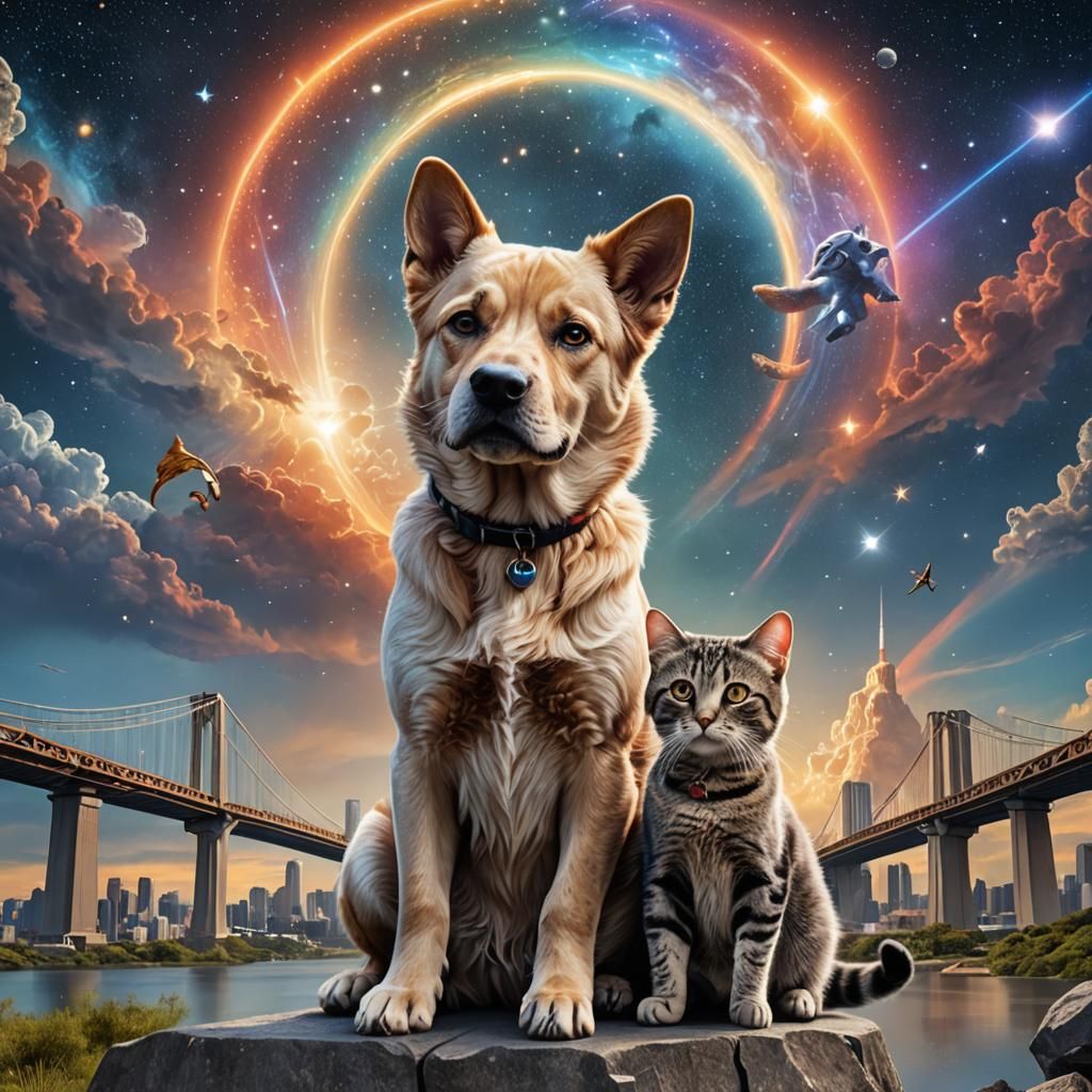 Dog and Cat at Rainbow Bridge in Spacecore Style