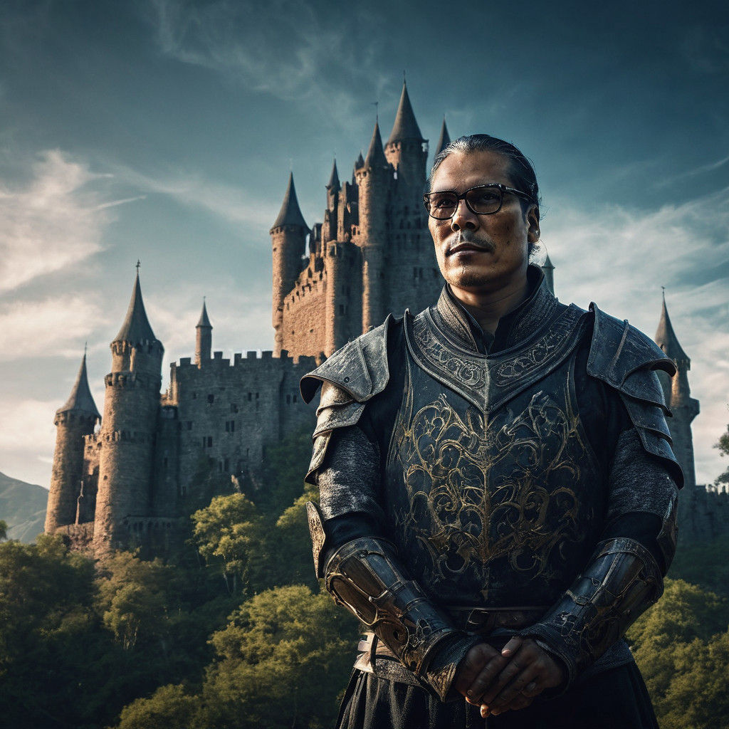 Epic Knight Standing Before Scottish Castle in Dramatic Matt...