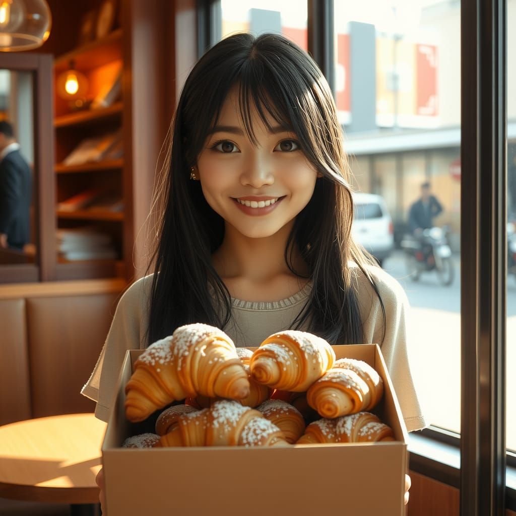 Cafe Scene: Japanese Girl with Croissants