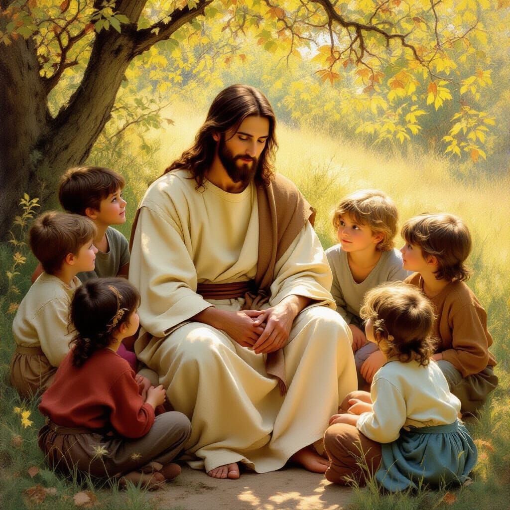 Jesus Among Children in Warm Light: A Classic Portrait