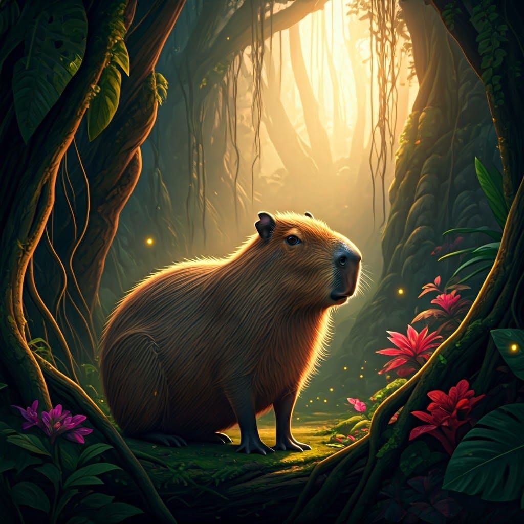 Vibrant Rainforest Scene in Photorealistic Fantasy Style