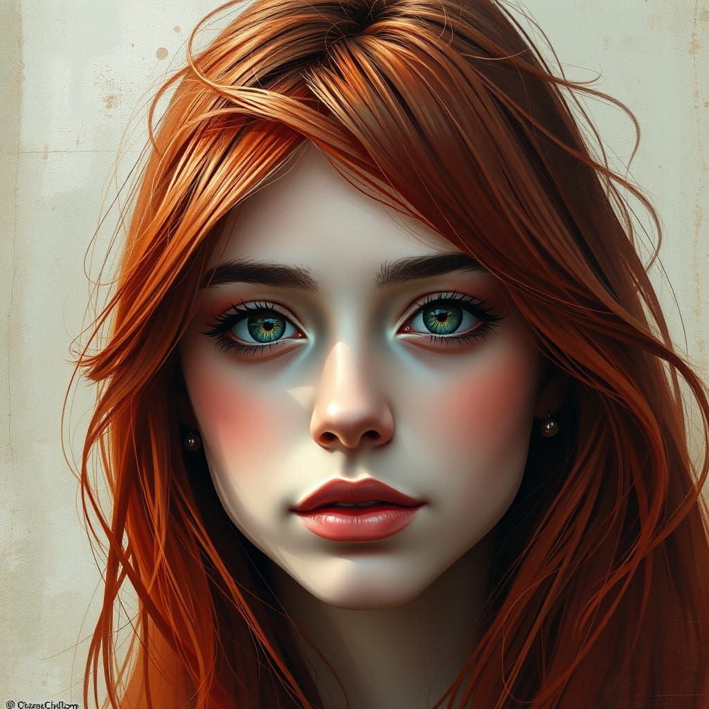 Ethereal Expressionist Portrait with Vibrant Red Hair and So...