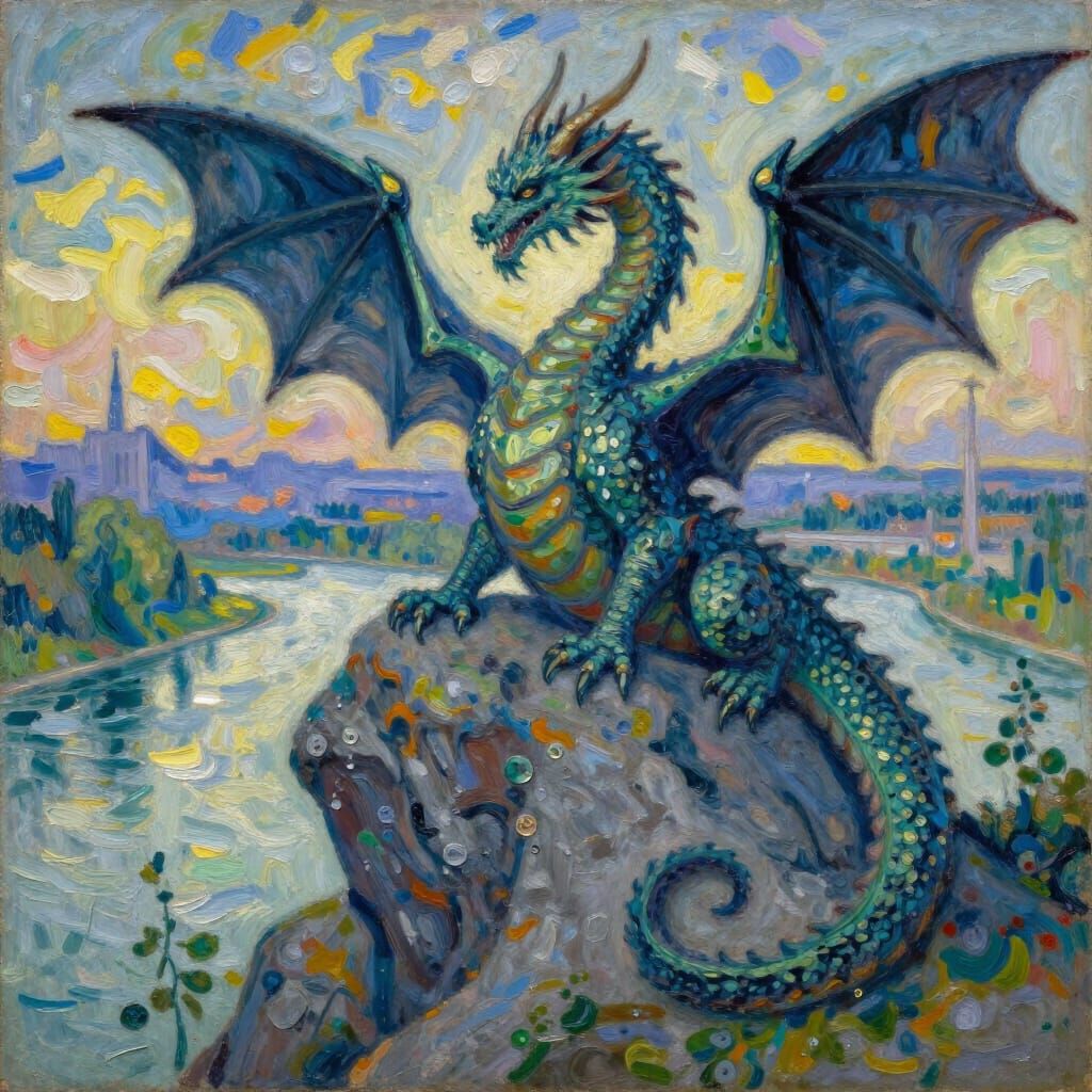 A dragon curled around the Drachenfels above the River Rhine