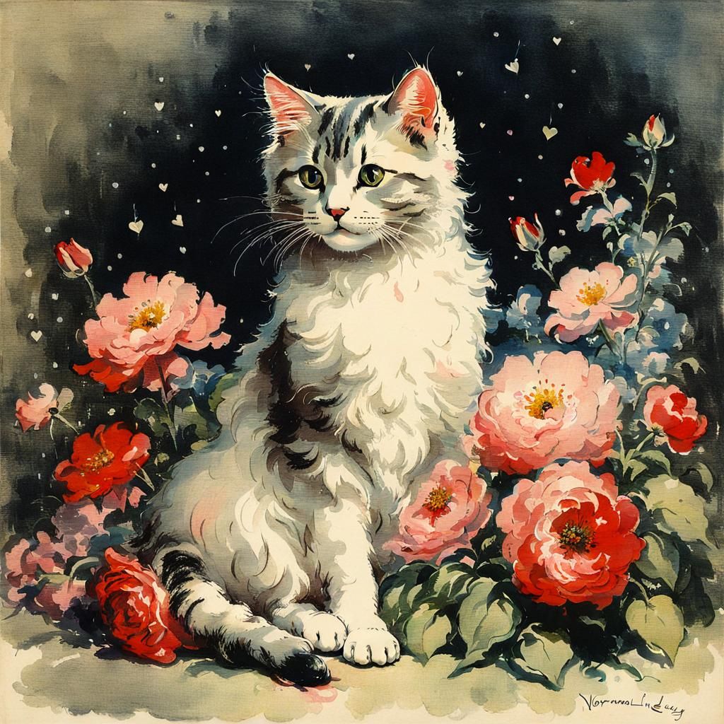 Whimsical Cat Portrait with Flowers in Art Nouveau Style