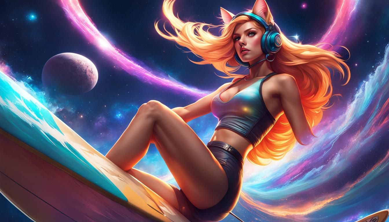 Punk Catgirl Surfing a Space Wave