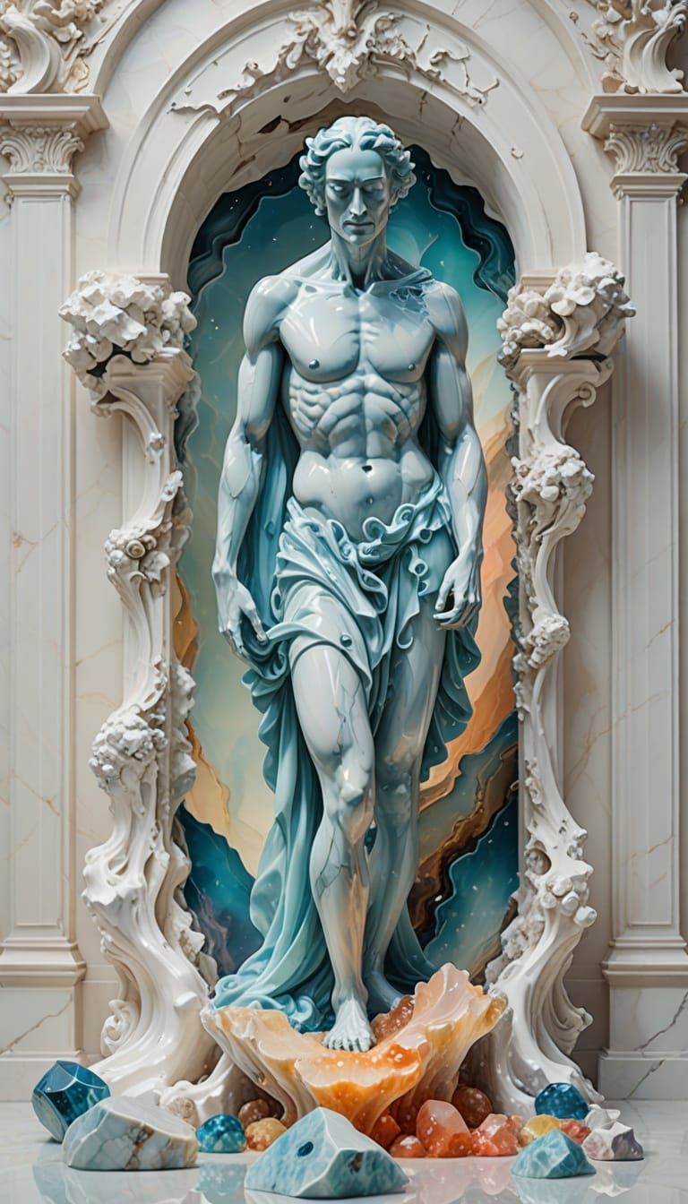 Surreal Oil Painting of Marble Statue Emerging from Geode
