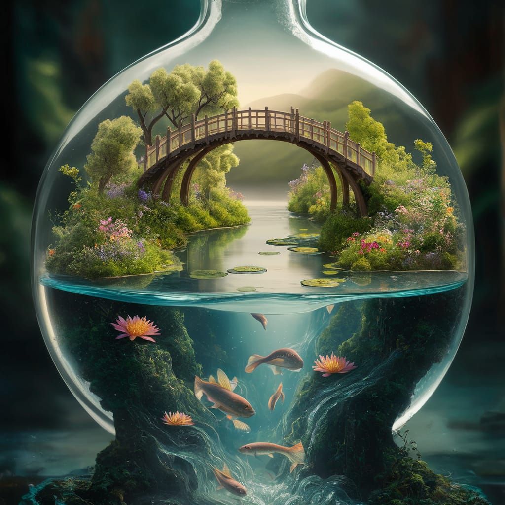 Miniature River Landscape Inside a Glass Bottle