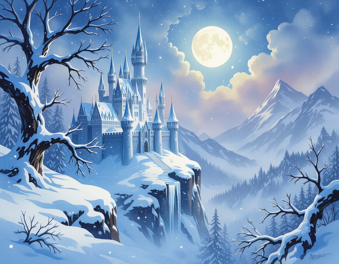 Fantasy Snowy Castle in Ethereal Winter Landscape