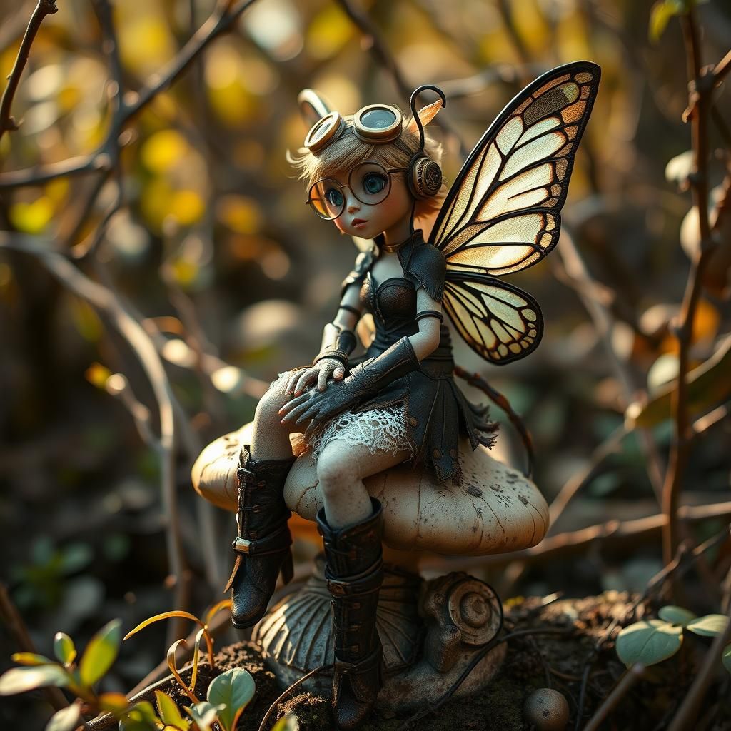 Steampunk Fairy in Pilot Glasses on Mushroom