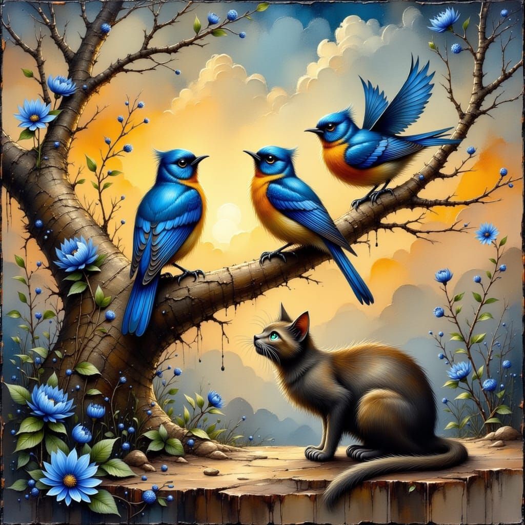 Birds and Cat in Dutch Realism Impasto Style