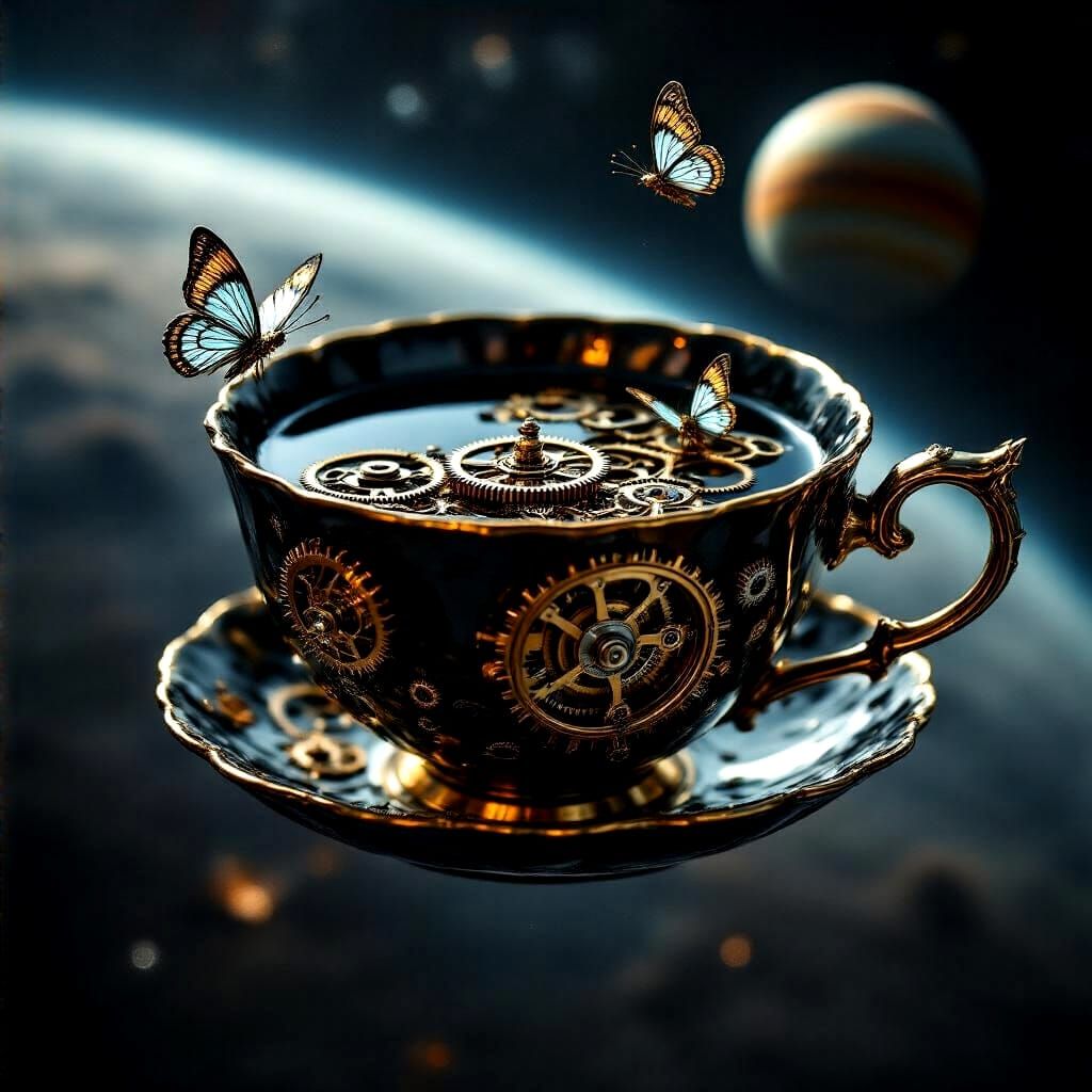Obsidian Teacup with Clockwork in Cosmic Space