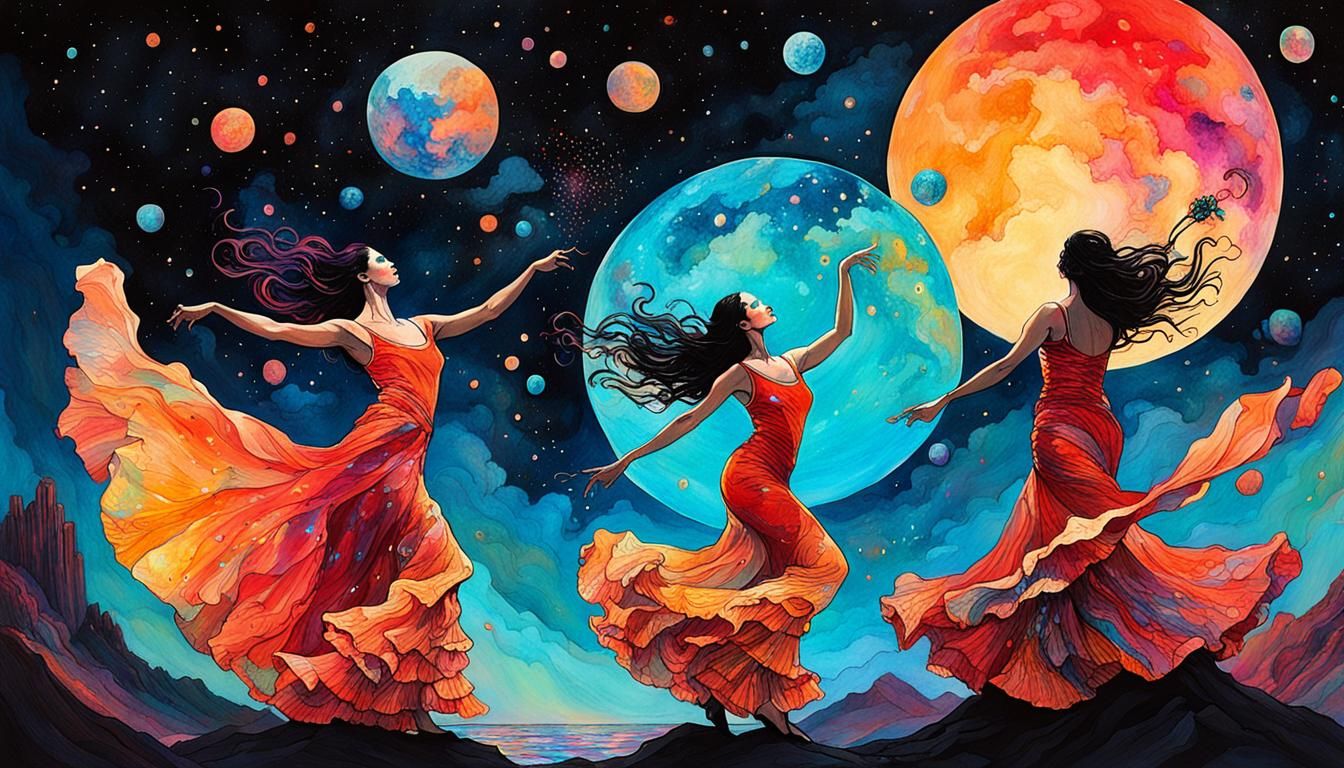 Bioluminescent Cosmic Serenade with Flamenco Dancers