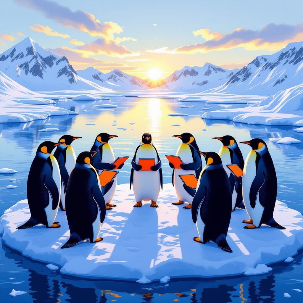 Emperor Penguins With Tablets on Iceberg in Antarctic Noon L...