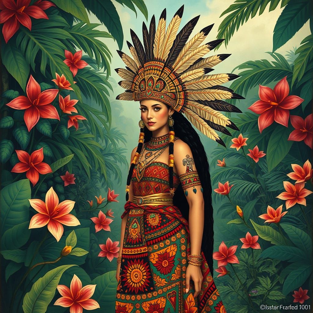 Aztec Princess in Vibrant Mesoamerican Jungle