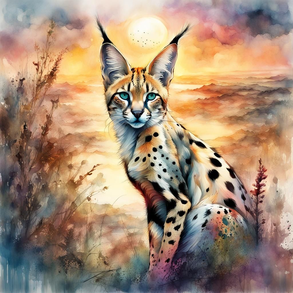 Serval in Fantasy Sunset: Digital Watercolor Art