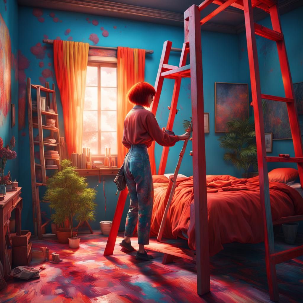 Japanese Woman Repainting Room in Photorealistic Style