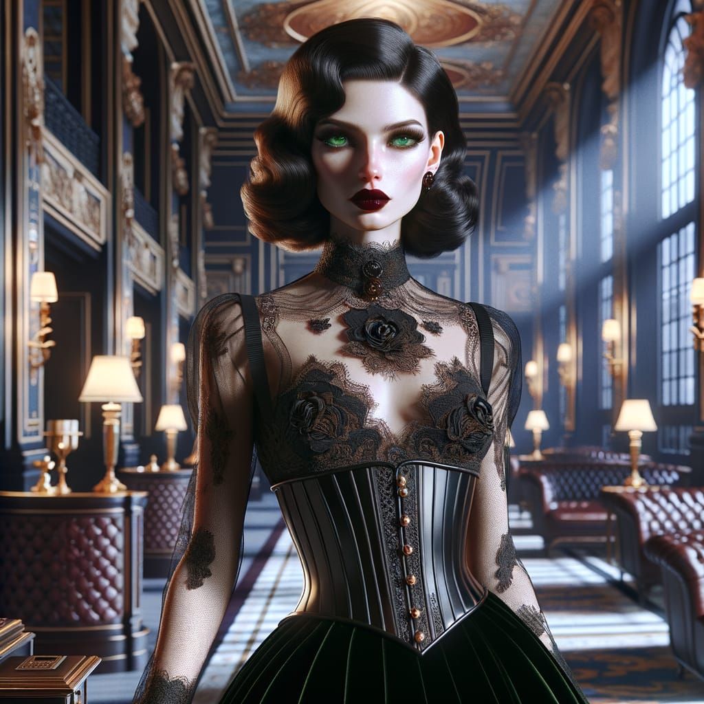Dark Fantasy Pin-Up Girl in Elegant Gothic Hotel Lobby