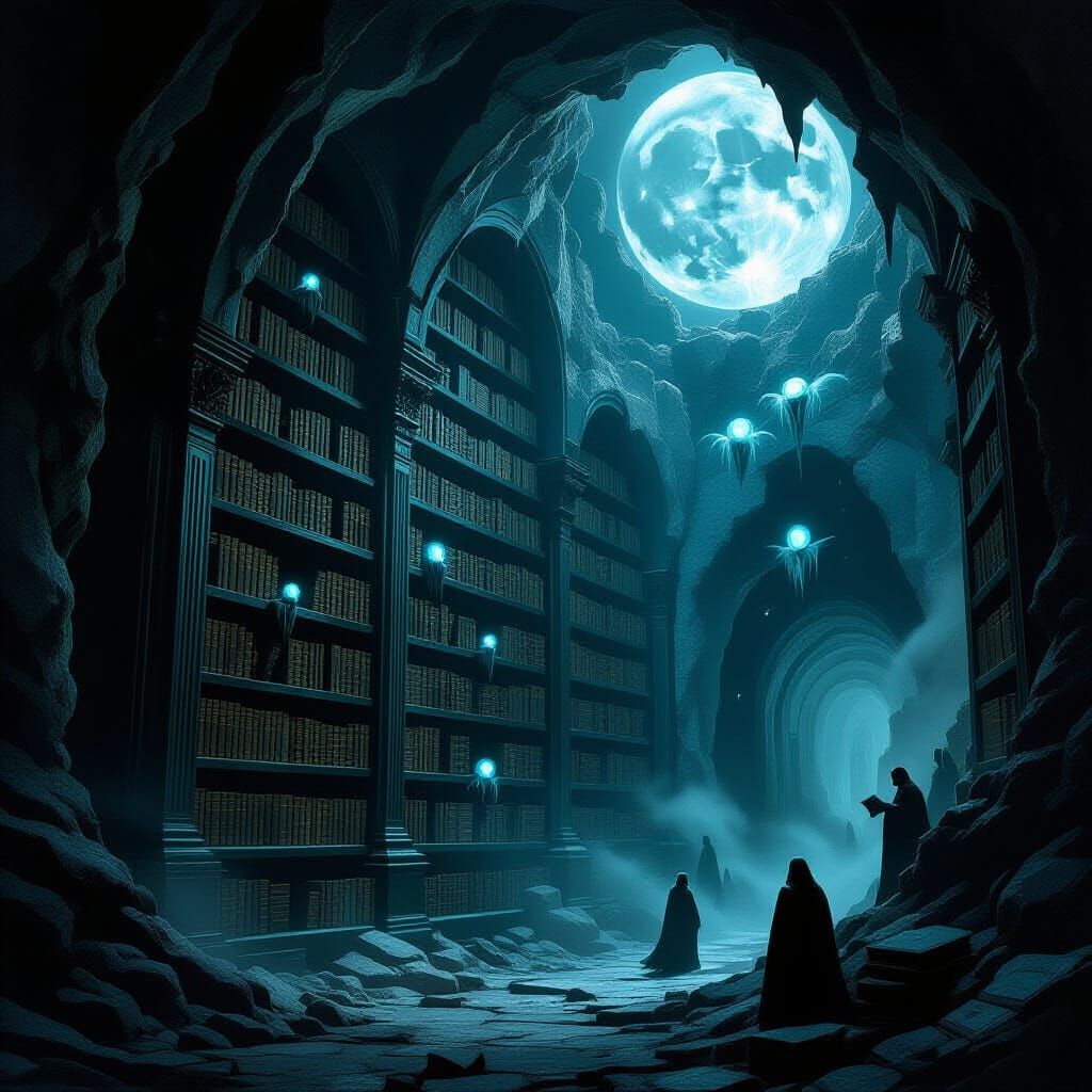 Ancient Obsidian Bookshelf in Moonlit Cavern