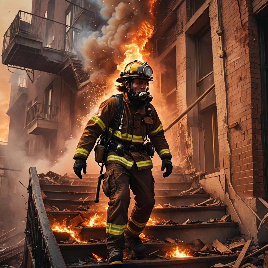 Fireman Rescue: Girl from Burning Building in Hyperrealism