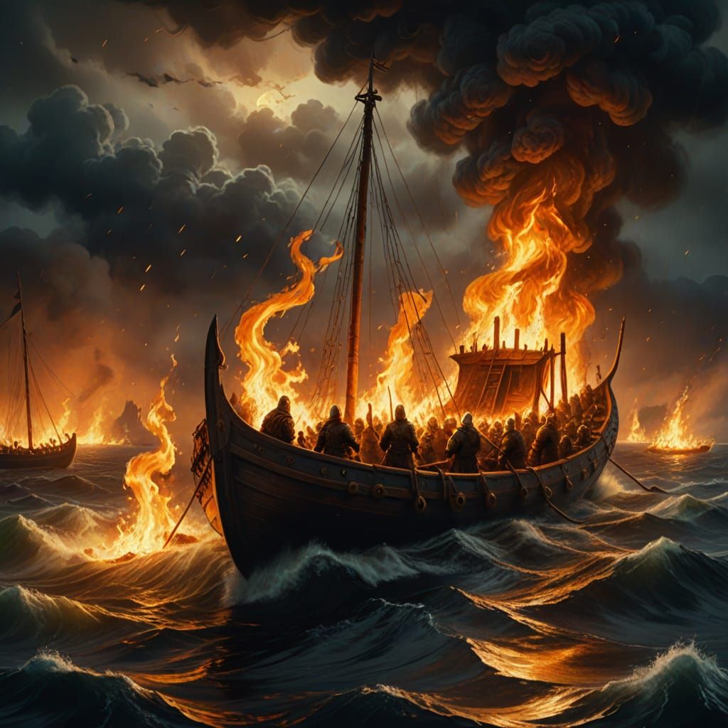 Viking Funeral Pyre in Nordic Oil Painting Style