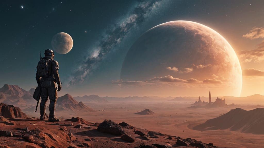 Tired Traveler at Edge of Alien Desert City