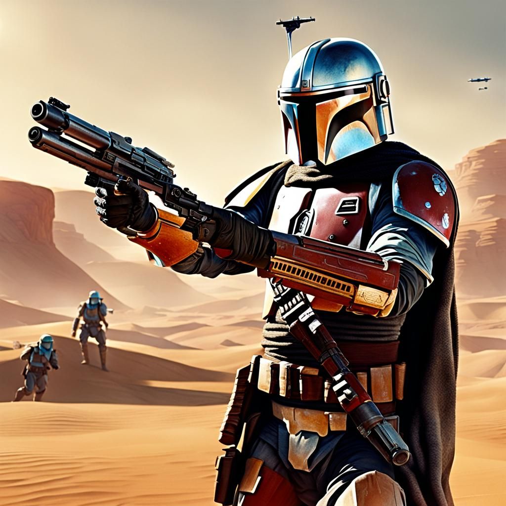 Mandalorian Gunslinger in Desert Gunfight