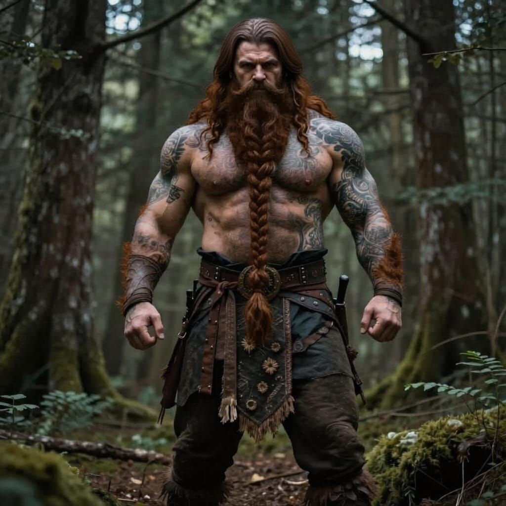 Massively Muscular Viking with Long Braided Beard in Forest